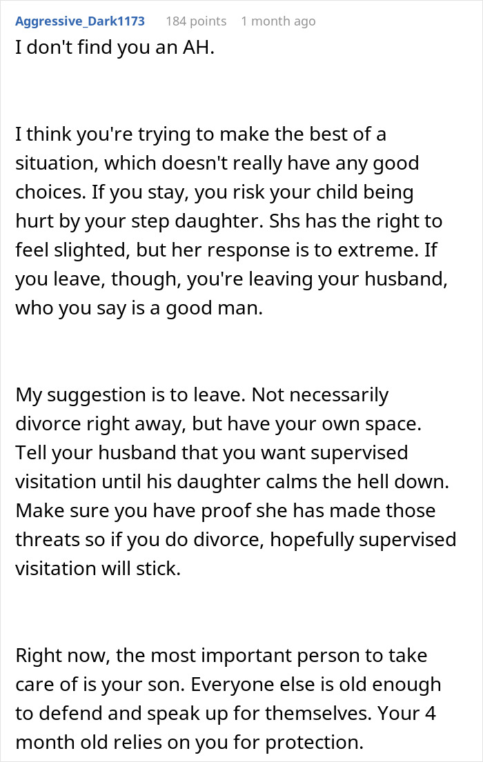 Text discussing stepdaughter's hostile behavior; advice given on potential marriage issues and child's safety.