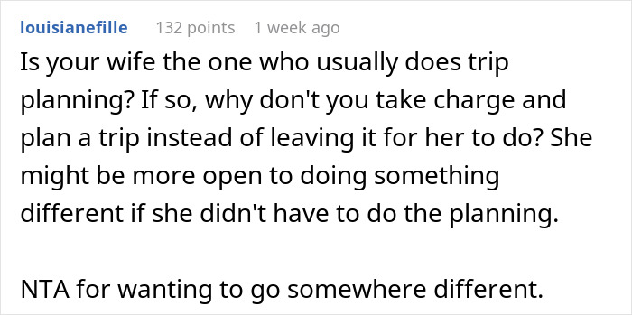 Reddit comment discussing trip planning and suggesting going somewhere different than Disney.