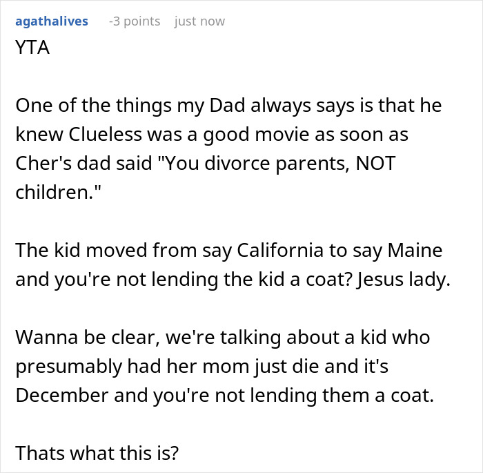 Reddit comment criticizing a mom for not supporting her husband's affair child by refusing basic needs.