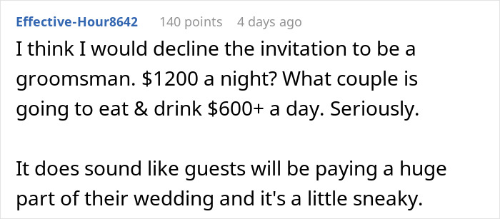 Groomsman struggles with expensive destination wedding costs, questioning high expenses for guests.