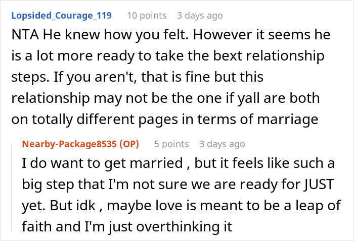 Comment exchange on readiness for marriage proposal discussions.