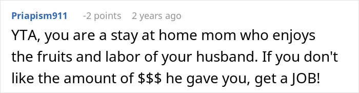 Comment criticizing a stay-at-home mom for complaining about a $100 Christmas budget while her husband vacations overseas.