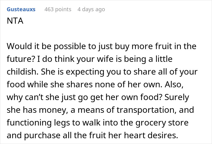 Comment discussing a fruit-obsessed wife\'s demands and suggestions on buying more fruit.