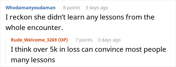 Comments discussing a $5,000 lesson related to driveway parking issues.