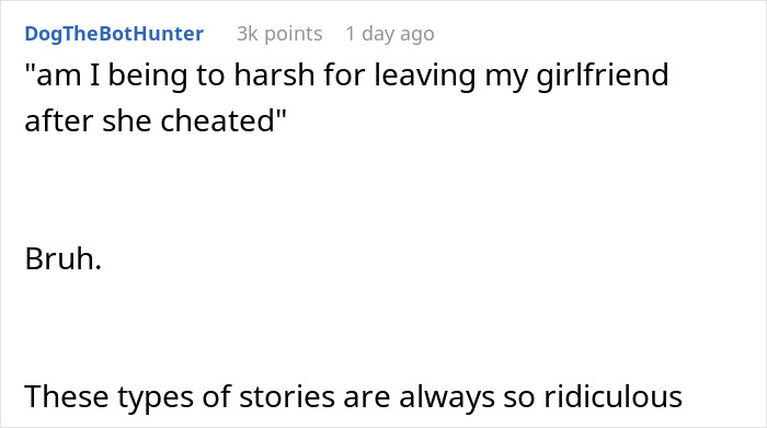 Screenshot of a post discussing refusing to take back a cheating girlfriend, with a sarcastic response.