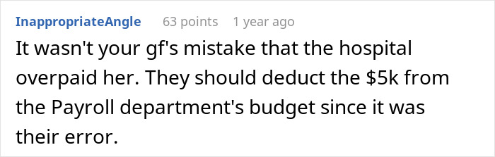 Comment discussing employer demands after 16 months of overpayment error by payroll department.