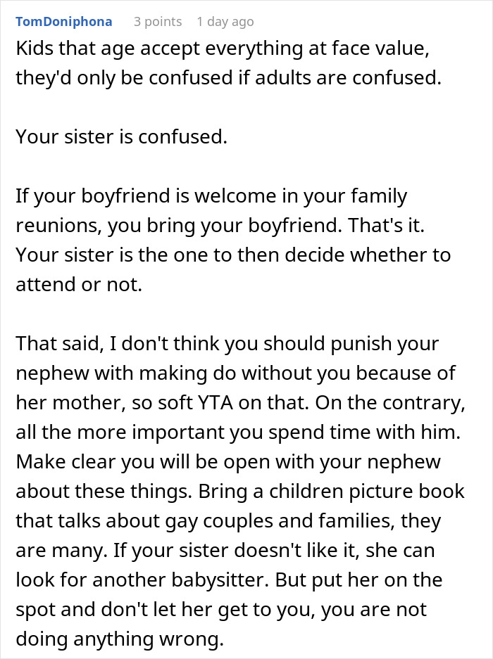 A supportive comment addressing family dynamics and choices related to boyfriend at events.