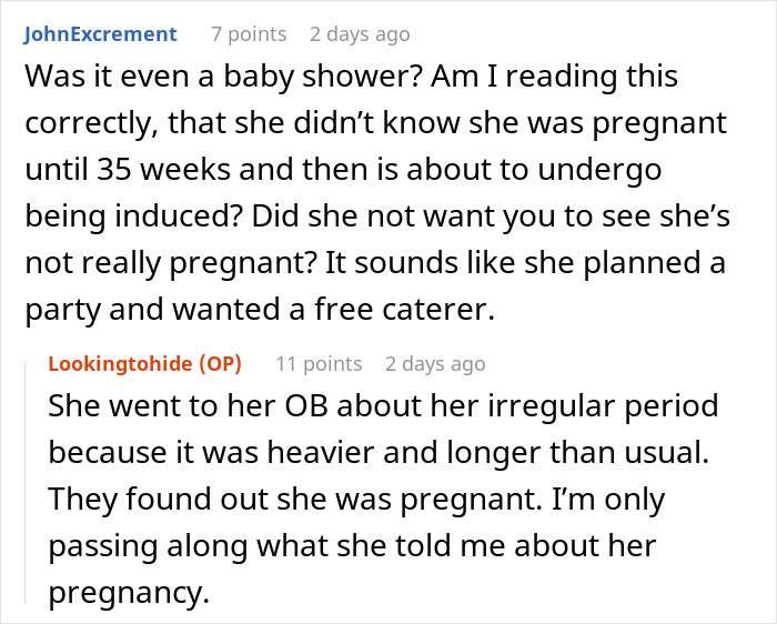 Reddit comments about a woman uninvited from a baby shower discussing pregnancy and catering.