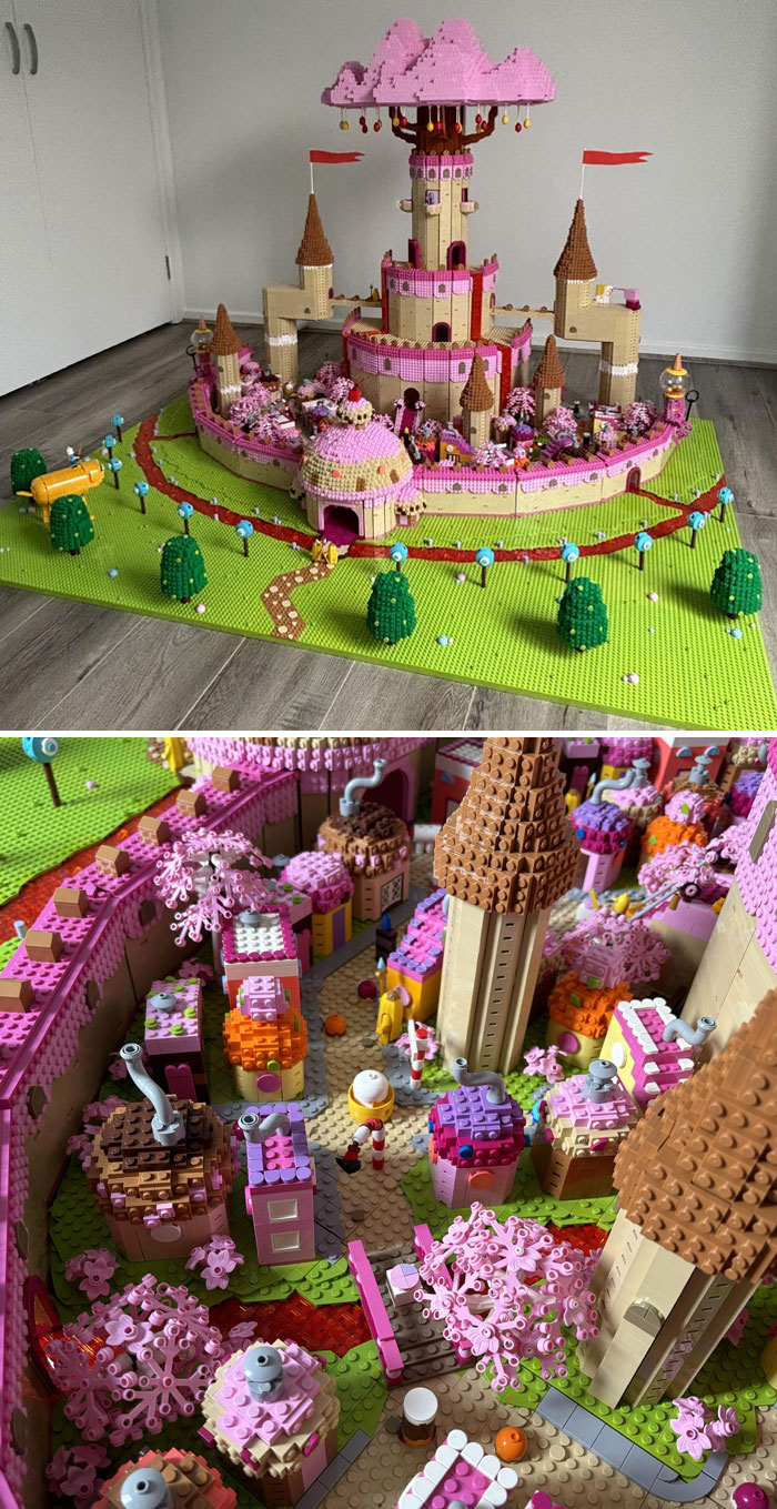 Intricate cool LEGO build of a colorful castle with cherry blossom trees and detailed interior scenes.