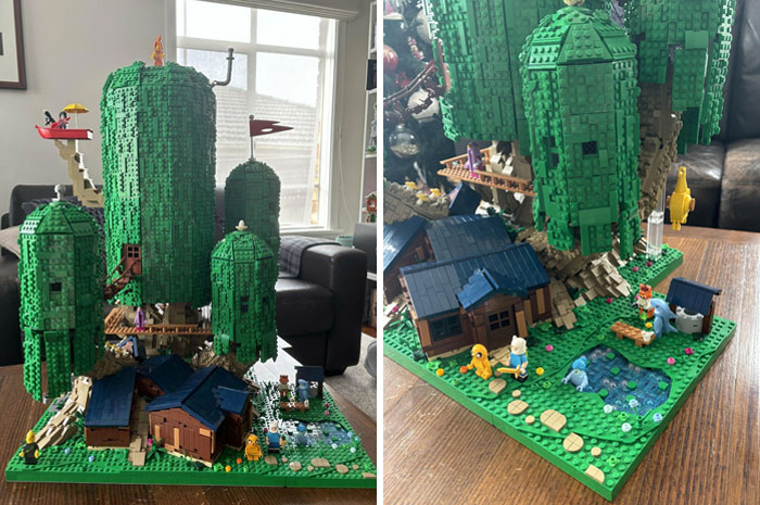 Cool LEGO builds featuring a detailed treehouse scene with multiple green towers and small buildings.