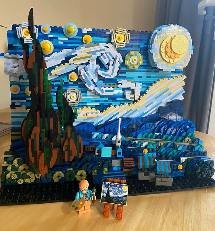 Cool LEGO build of Van Gogh's Starry Night with detailed mini-figures and vibrant colors.