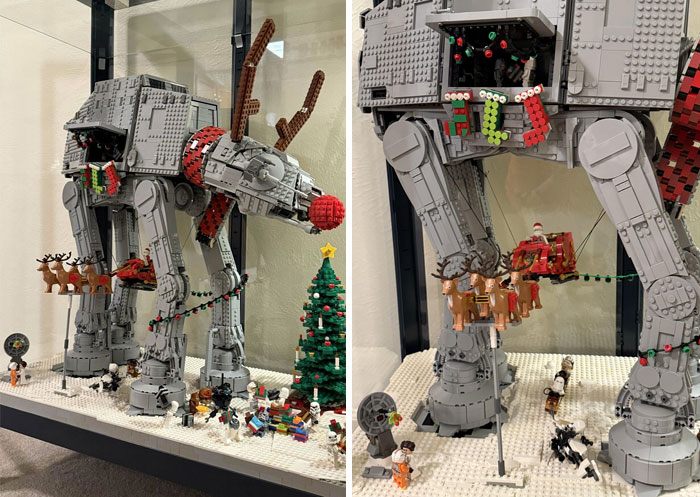 LEGO festive display featuring a holiday-themed AT-AT with reindeer, sleigh, and Christmas tree.