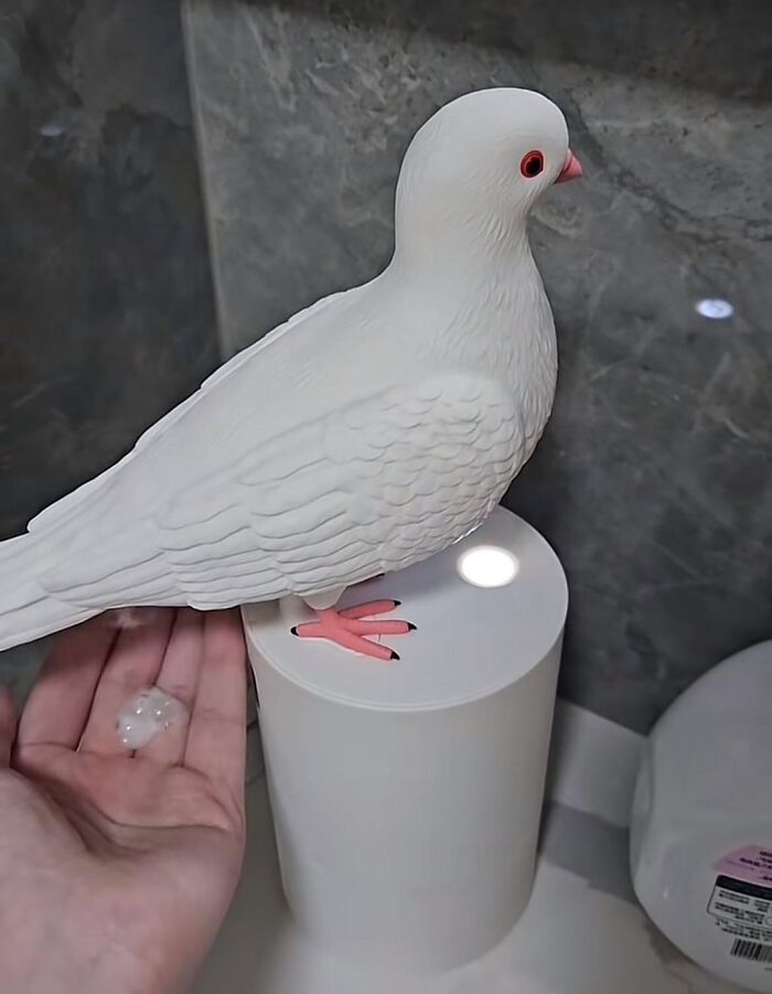 Frugal home hack: Soap dispenser shaped like a white bird, dispensing soap into a hand.