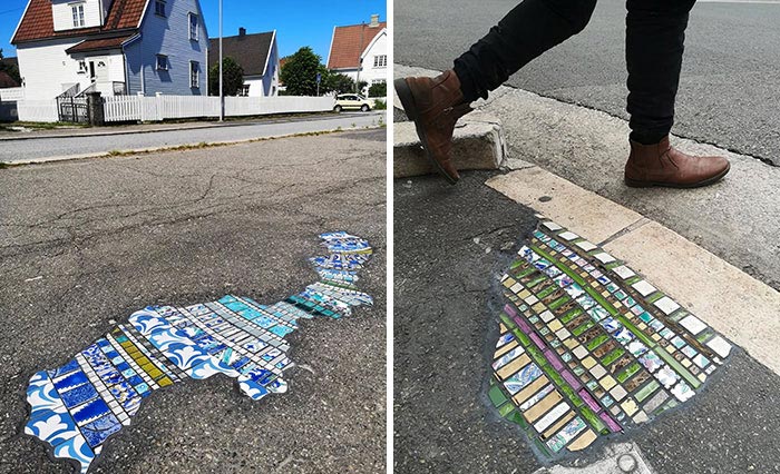 Artist Mends Cracked Sidewalks, Potholes, And Buildings Using Vibrant Mosaics (30 New Pics)