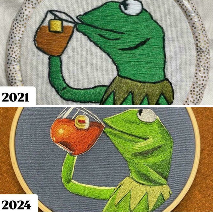 Creative embroidery comparison from 2021 to 2024, featuring a green frog holding a beverage.