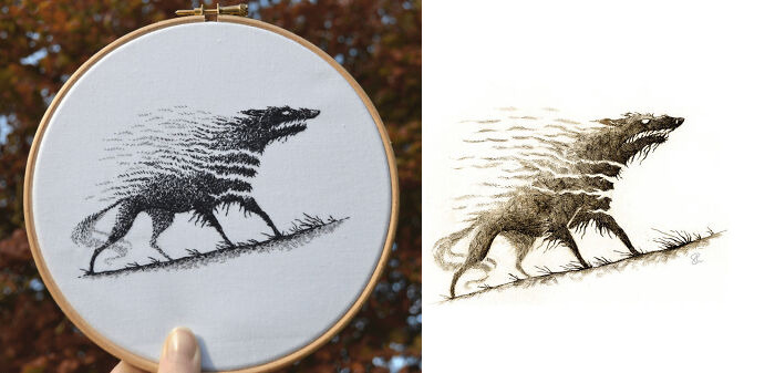 Creative embroidered wolf design in a hoop, showcasing detailed artistry and texture, inspired by a nearby illustration.