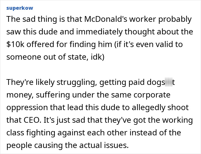 Text discussing McDonald's worker struggles and corporate oppression related to Luigi Mangione's arrest.