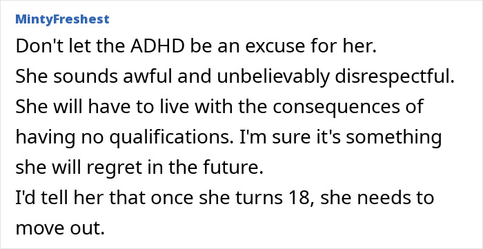 Comment about ADHD and consequences for disrespectful teenager shared by user MintyFreshest.