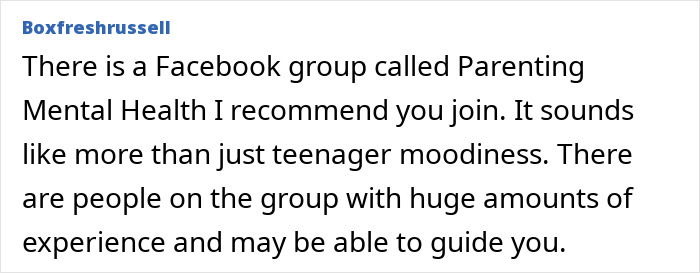 Comment advising a mom on mental health group for teenager's behavior possibly related to ADHD.