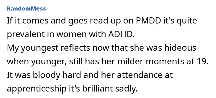 Text from a user named RandomMess discussing ADHD symptoms and challenges with a teen's behavior.