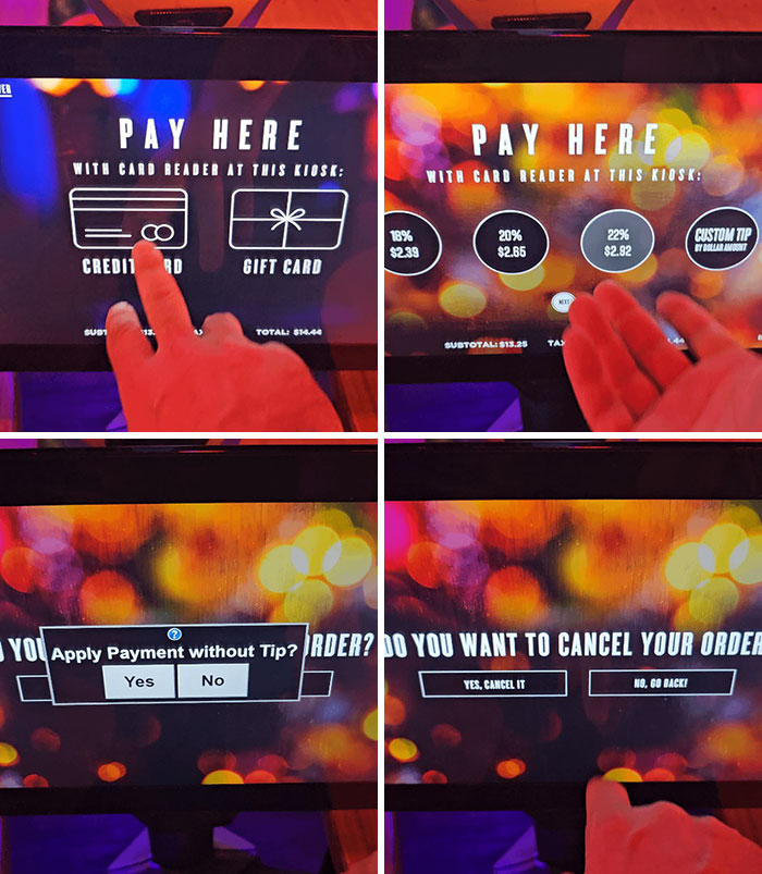 Touchscreen showing deceptive marketing techniques with tip options and confusing payment prompts.