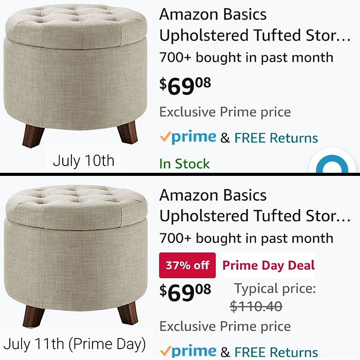 Amazon pricing comparison for upholstered ottoman showcasing deceptive-marketing-techniques with Prime Day discount.