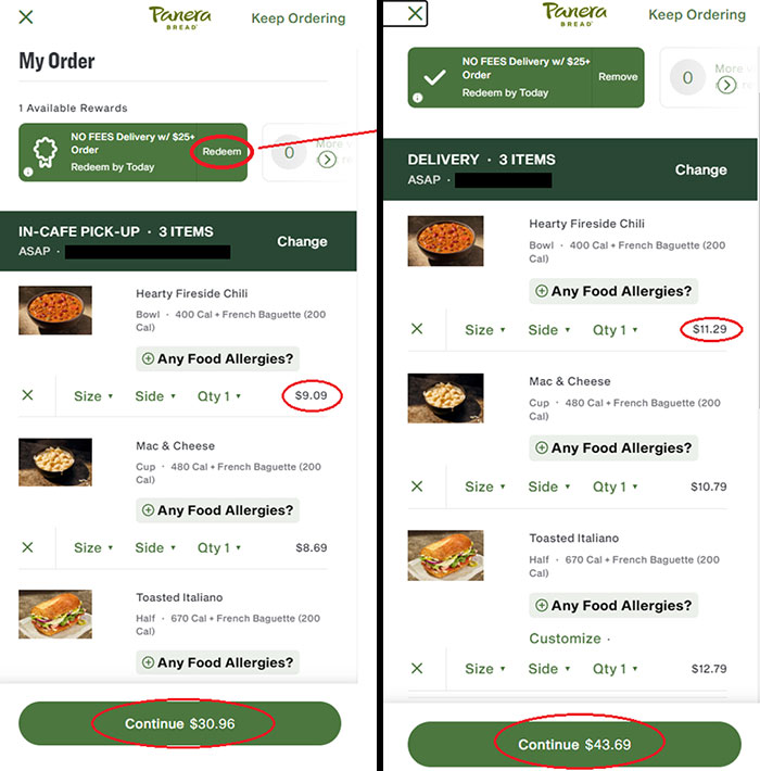 Panera Bread order screens showing price difference, highlighting deceptive marketing techniques.