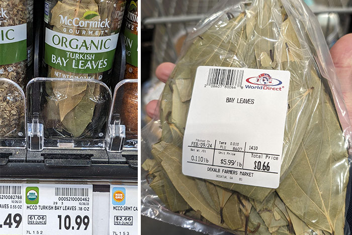 Price comparison showing deceptive-marketing-techniques with expensive branded bay leaves versus cheaper loose packaging.