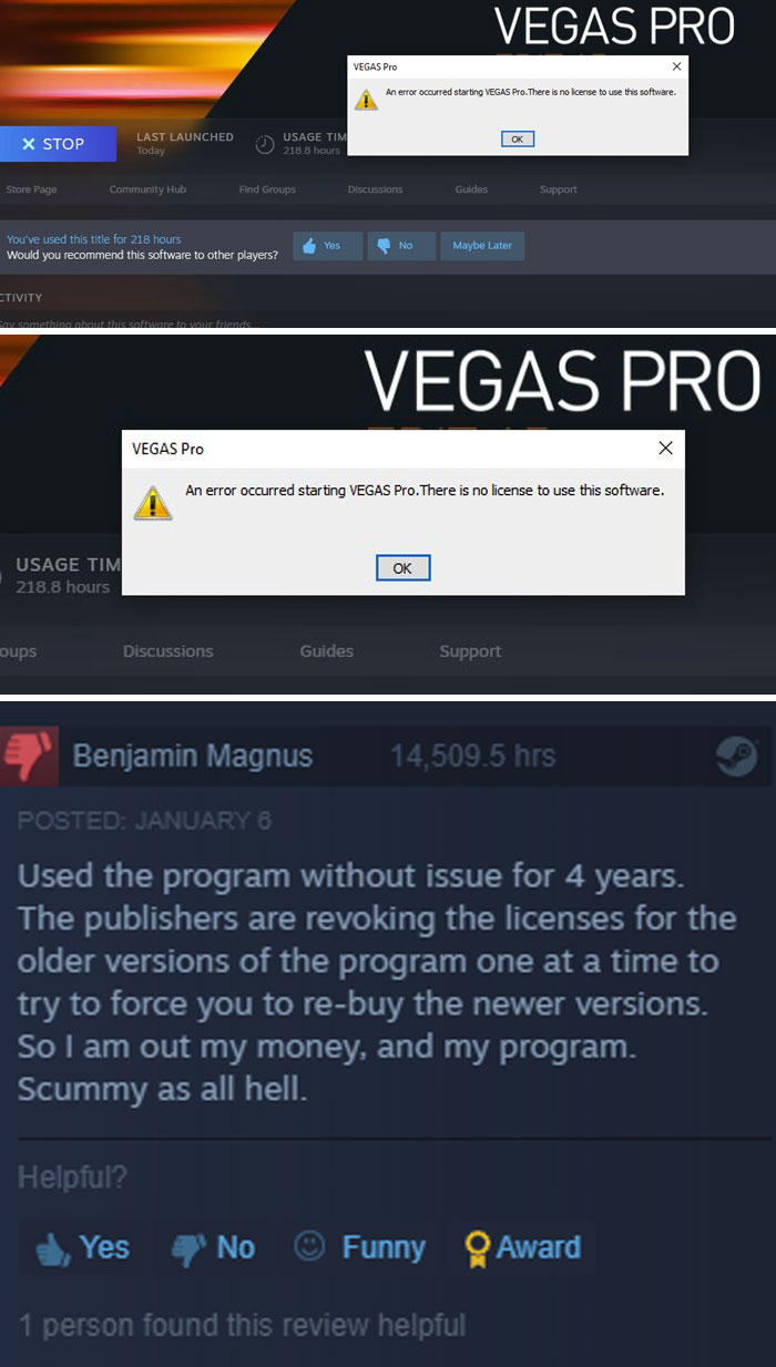 Error message on Vegas Pro software highlighting deceptive marketing techniques with revoked licenses complaint.