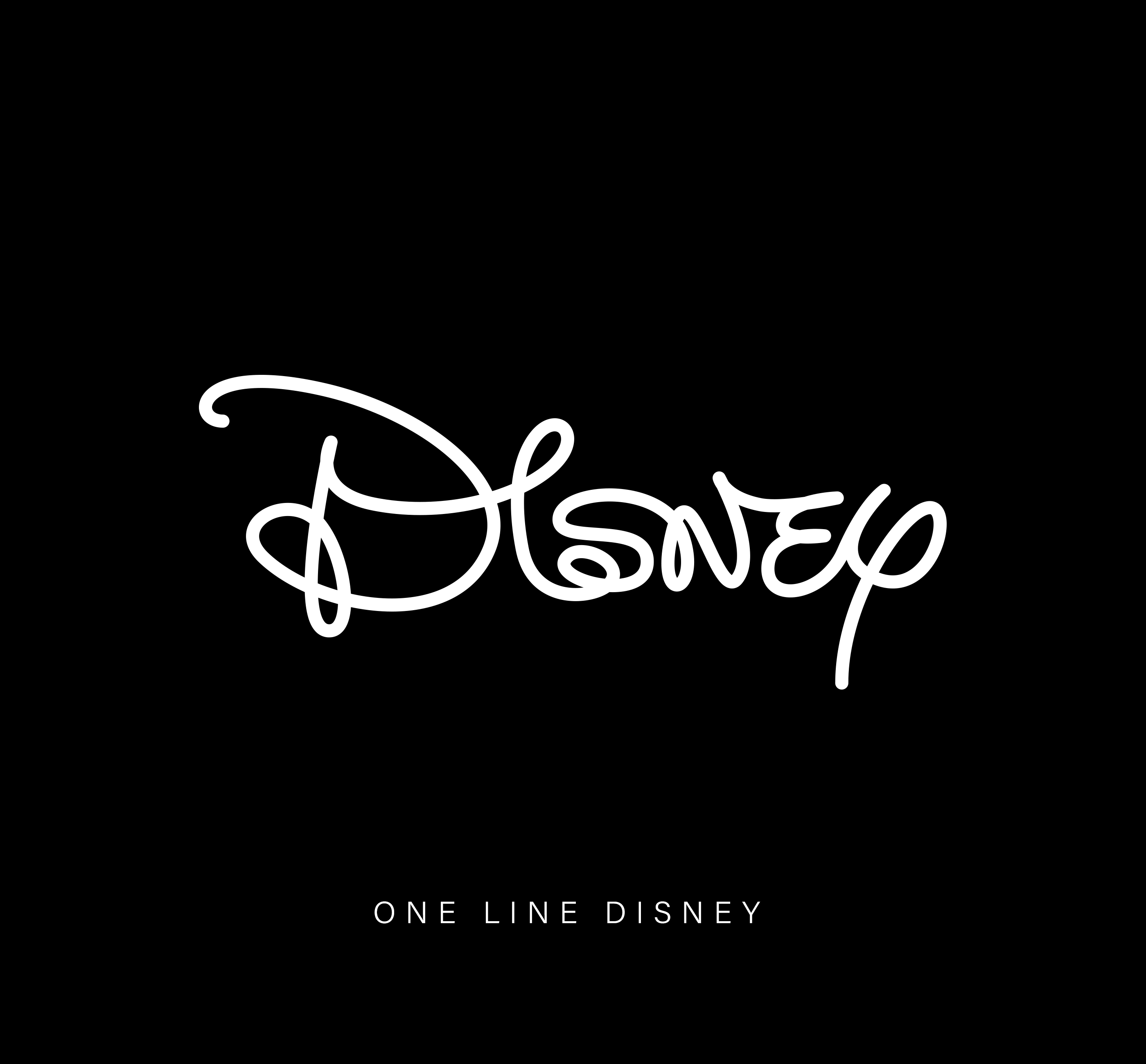 One-line drawing of Disney logo in white on a black background.