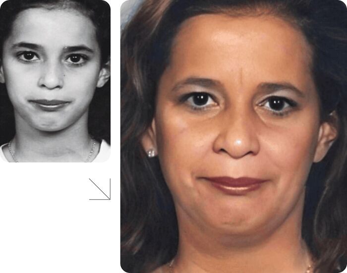 Aged photo comparison of a missing person to increase finding chances.