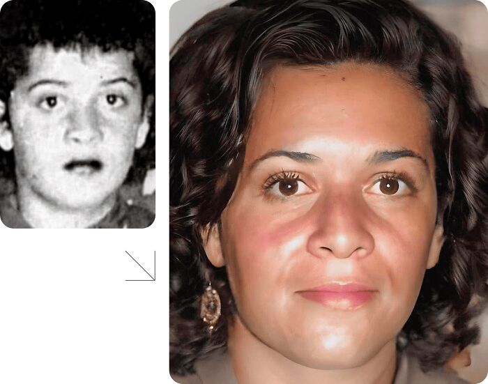 Aged photo transformation of missing person to assist in finding them, featuring a comparison of young and aged likeness.