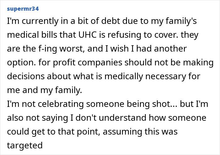 Image of a text post expressing frustration over medical debt and insurance decisions, referencing a homicide.