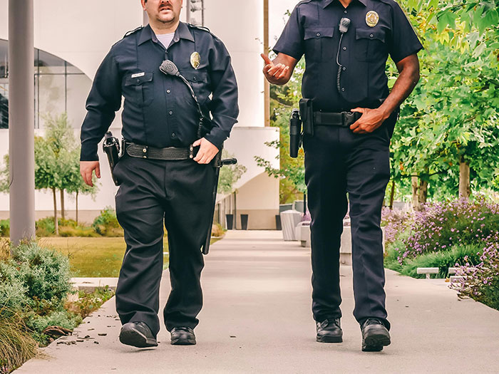 Police officers walking on a sidewalk, surrounded by greenery, illustrating a scene of karma and regret.