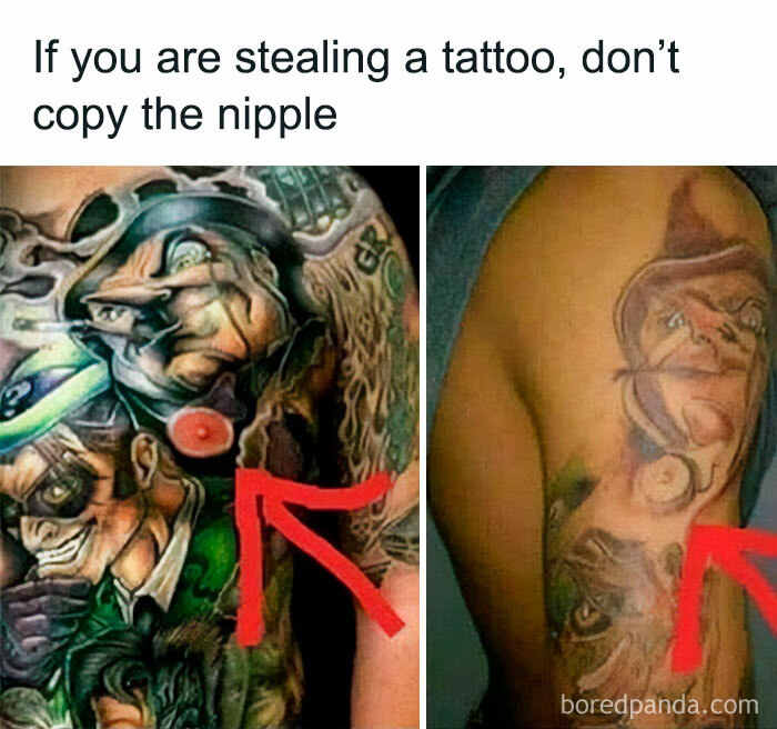 Epic tattoo fail showing two tattoos side-by-side with a humorous caption about copying a nipple.