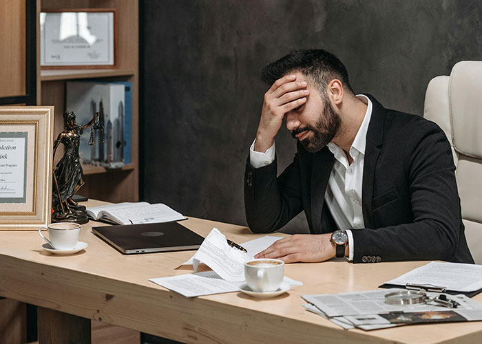 Frustrated CEO with hand on forehead, surrounded by papers in an office, illustrating leadership failures.