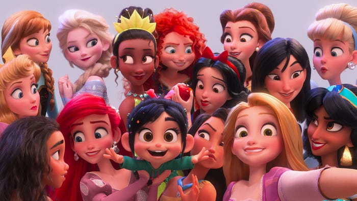 Animated princesses gather around for a group selfie, inspiring fascinating fan theories about their shared universe.