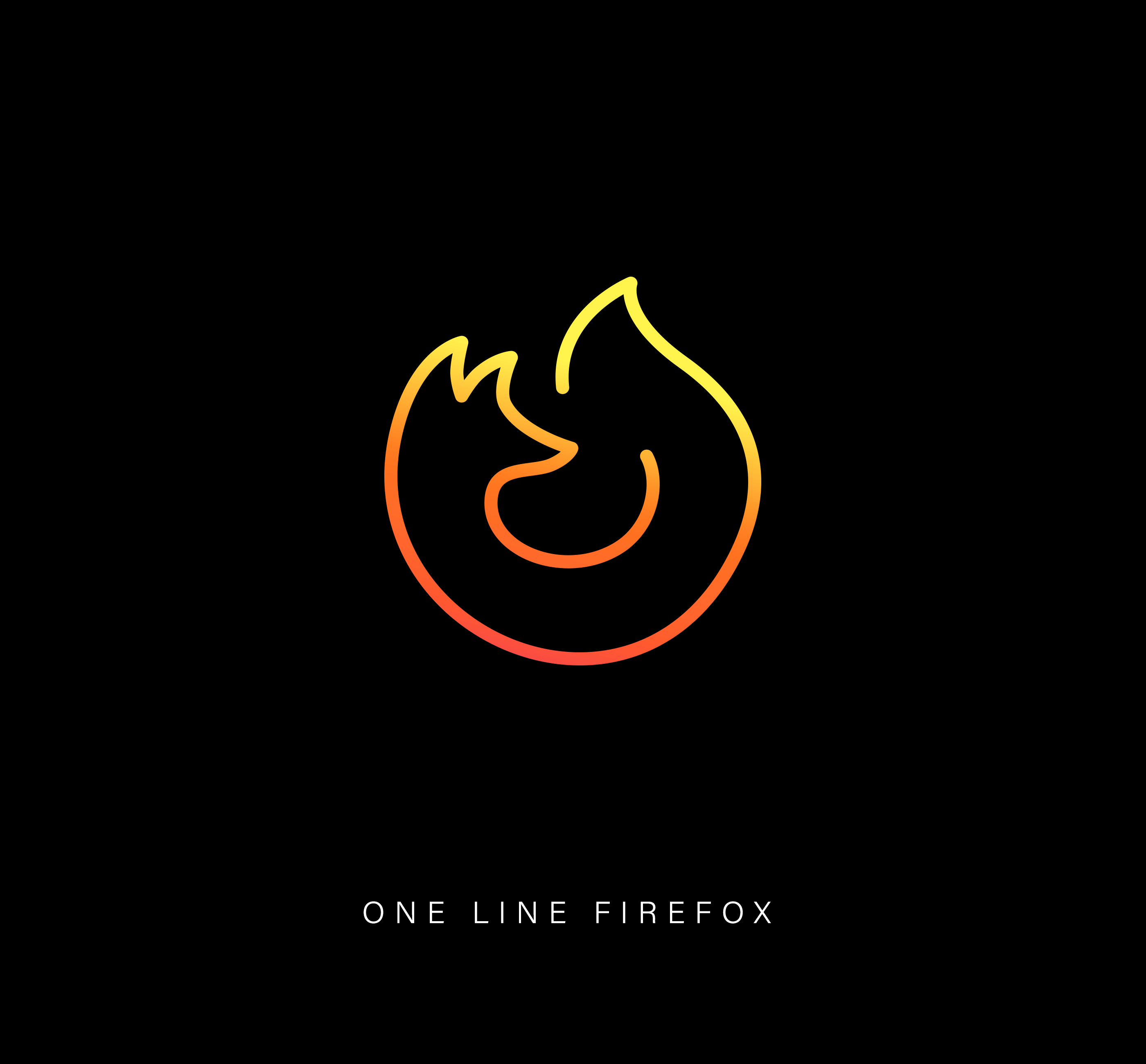 One-line drawing of the famous Firefox logo, featuring a gradient design on a black background.