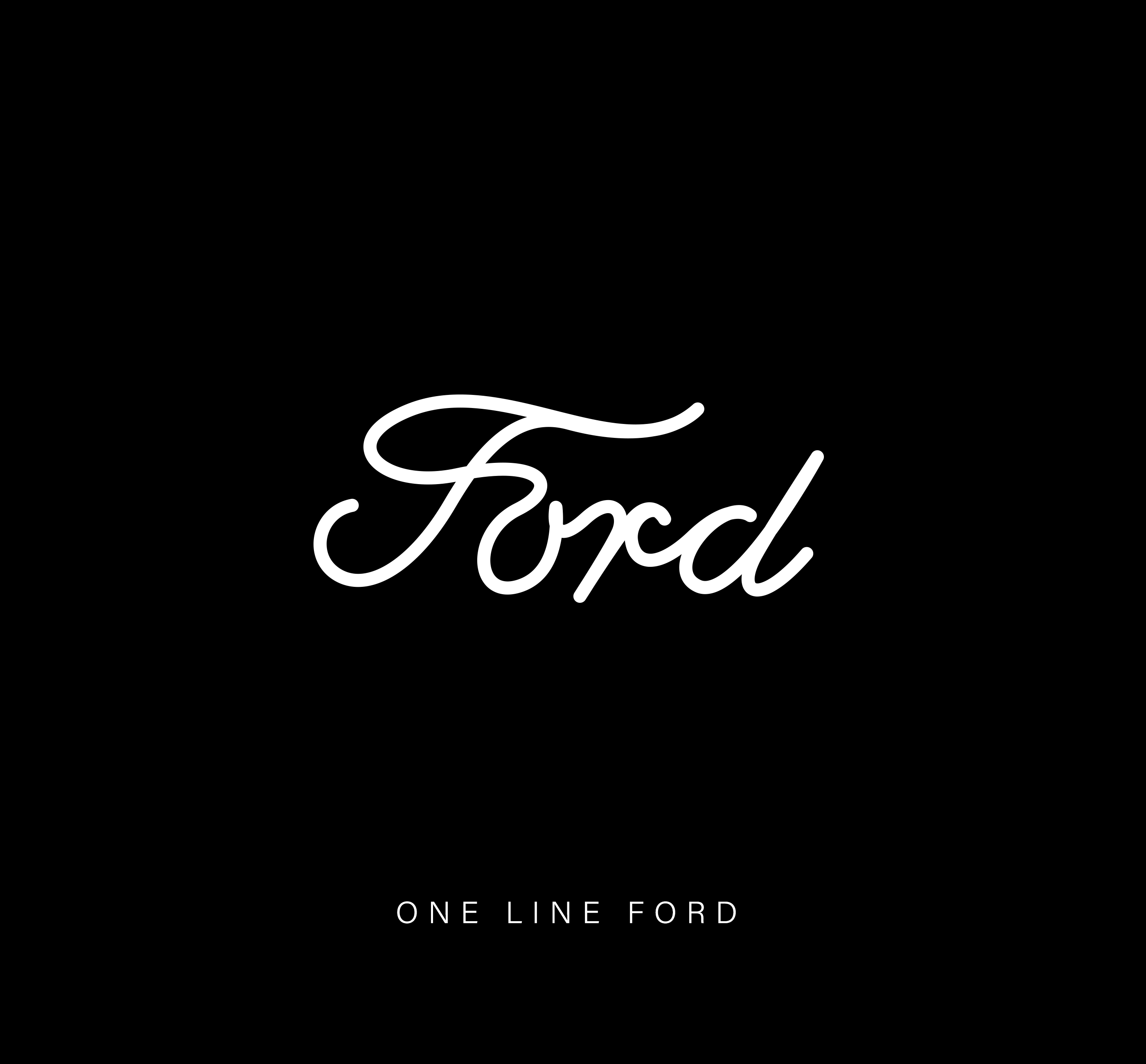 One-line drawing of the Ford logo on a black background.