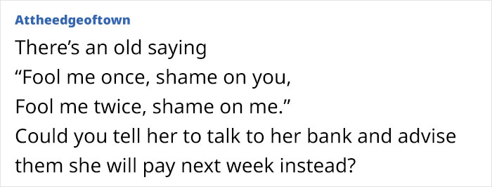 Text conversation about a friend who takes too long to repay money, with a saying: "Fool me once, shame on you.