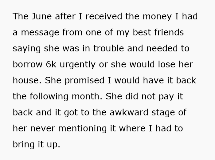 Text about a friend requesting a $6,000 loan, promising quick repayment, but failing to pay back.