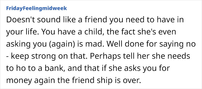 Text advice on friendship and money, emphasizing boundaries and saying no to lending money again.