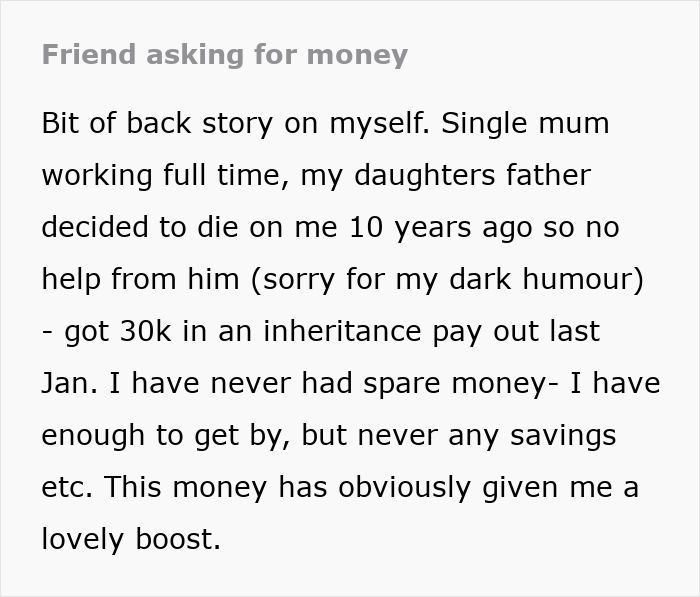 Alt text: "Friend asking for money; single mom's financial backstory shared.