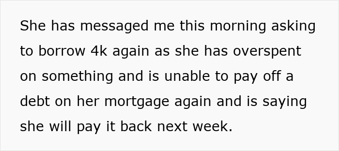 Text message about friend asking for a $4,000 loan again, promising repayment next week, despite past delays.