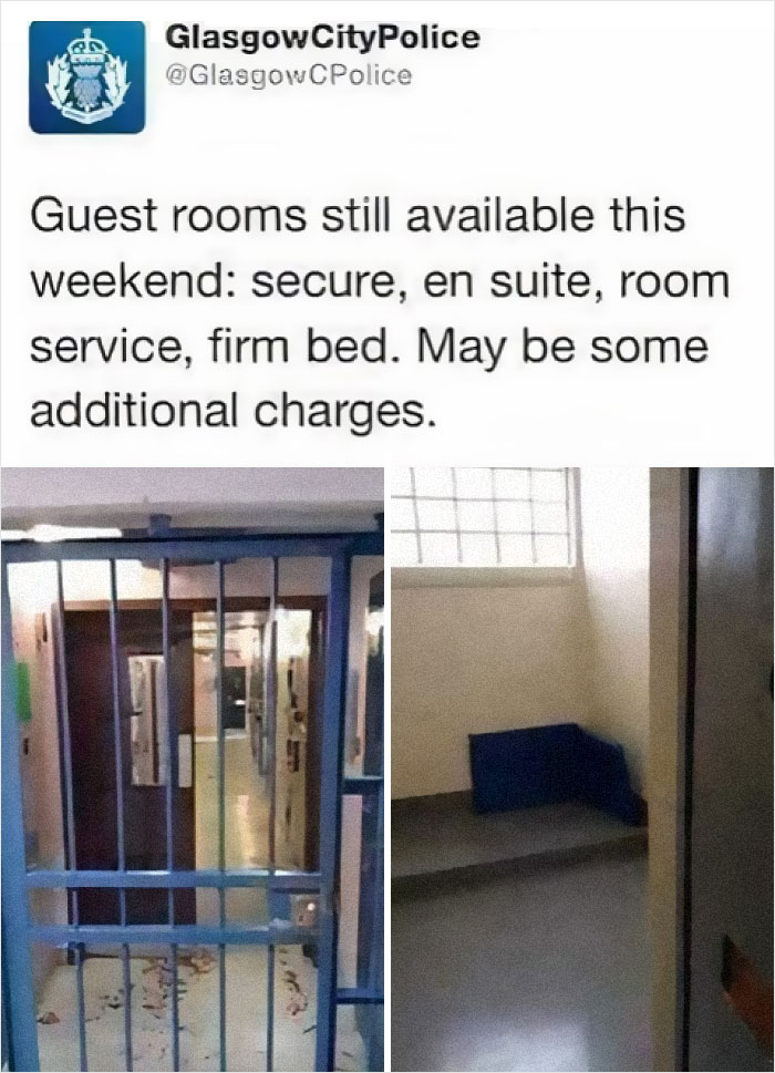 Glasgow City Police humorous post about "guest rooms" with jail images, highlighting Scottish humor.