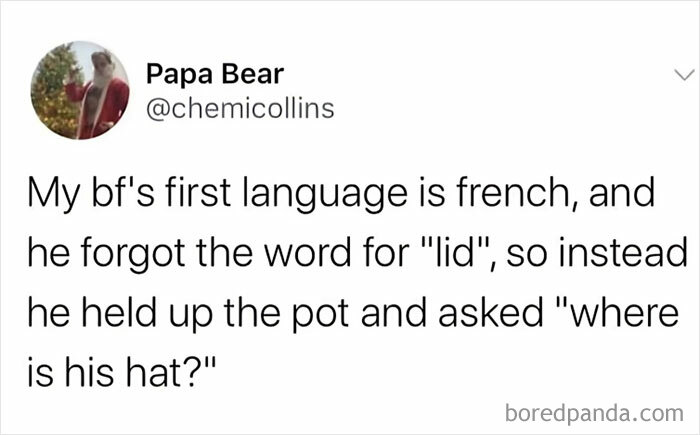 Tweet illustrating British humor with a French speaker asking where a pot's hat is, instead of saying lid.