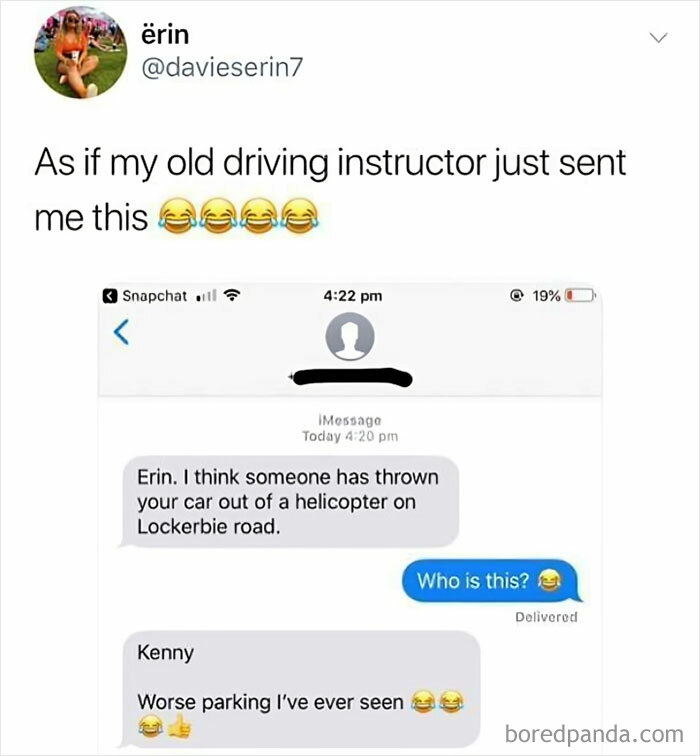 Screenshot of a tweet highlighting British humor about a driving instructor's joke on bad parking.