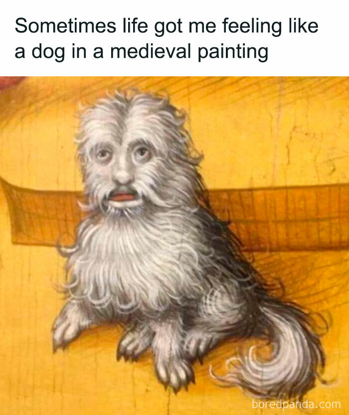 Medieval painting of a dog with a human-like expression, blending classical art with humor.