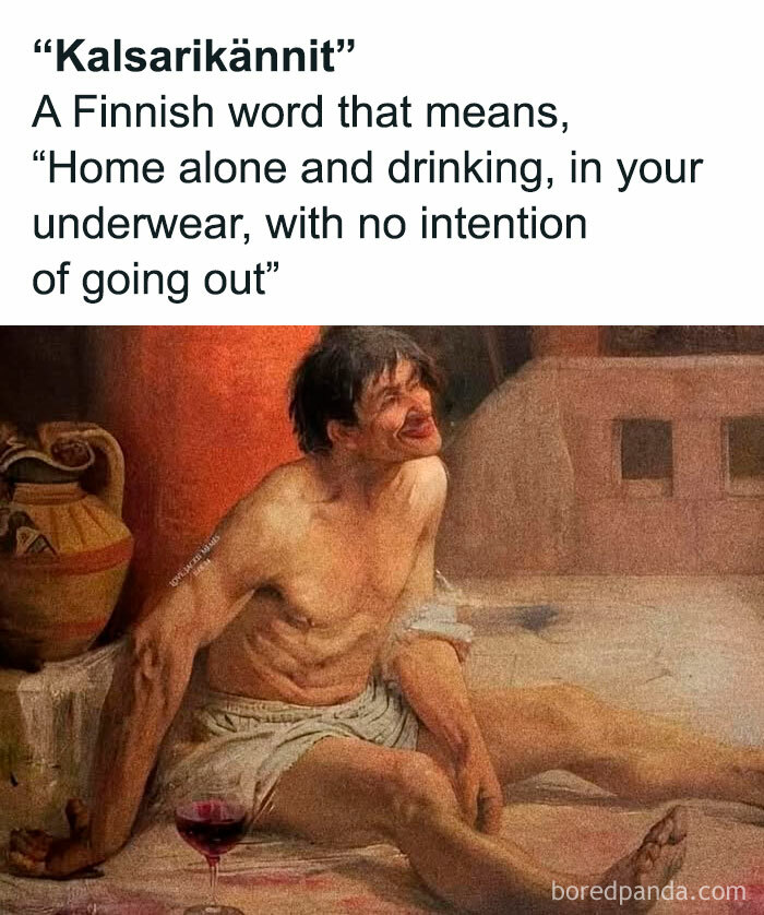 Classical art meme depicting a man in underwear with a glass of wine, humorously illustrating relatable Finnish word "kalsarikännit."