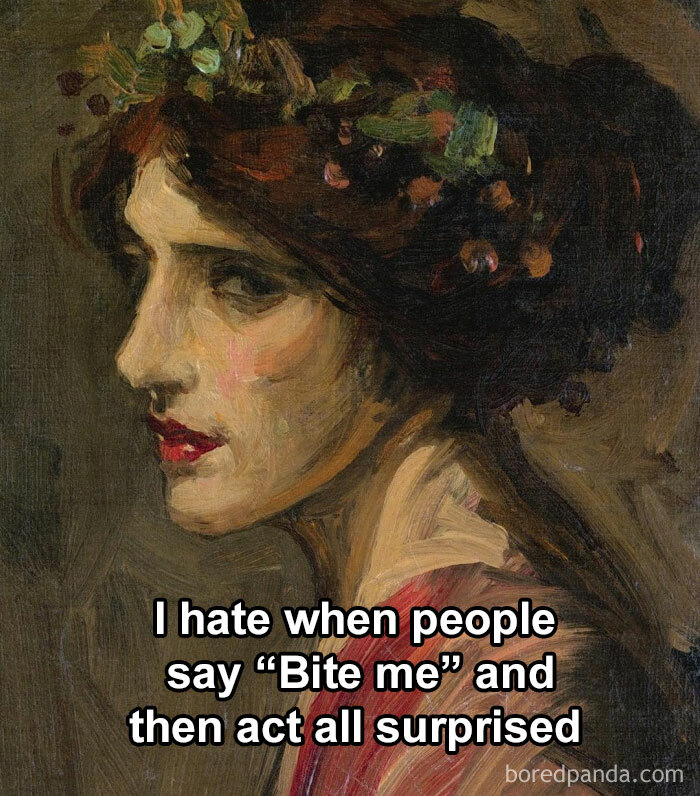 Classical art meme featuring a woman's side profile with humorous caption about saying "Bite me."